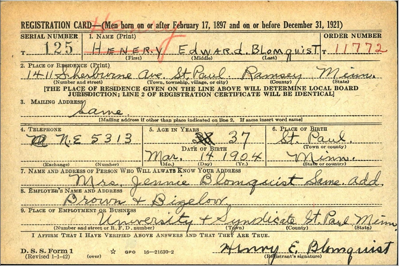 Henry Edward Blomquist draft record