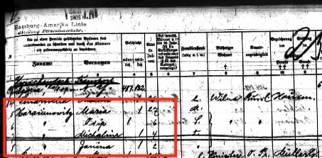 Maria Harasimowicz and children on 1909 passenger list