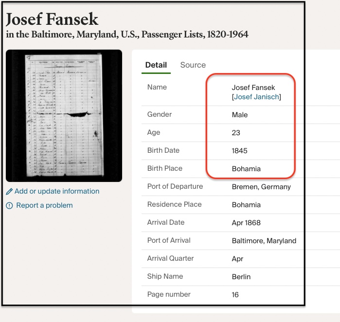 Josef Janisch (Fanek) immigration record