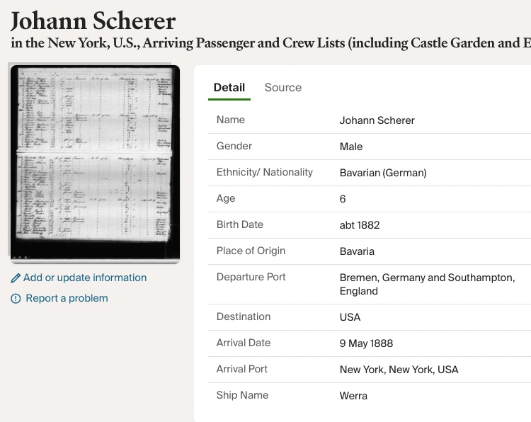 Immigration record for John Scherer Jr