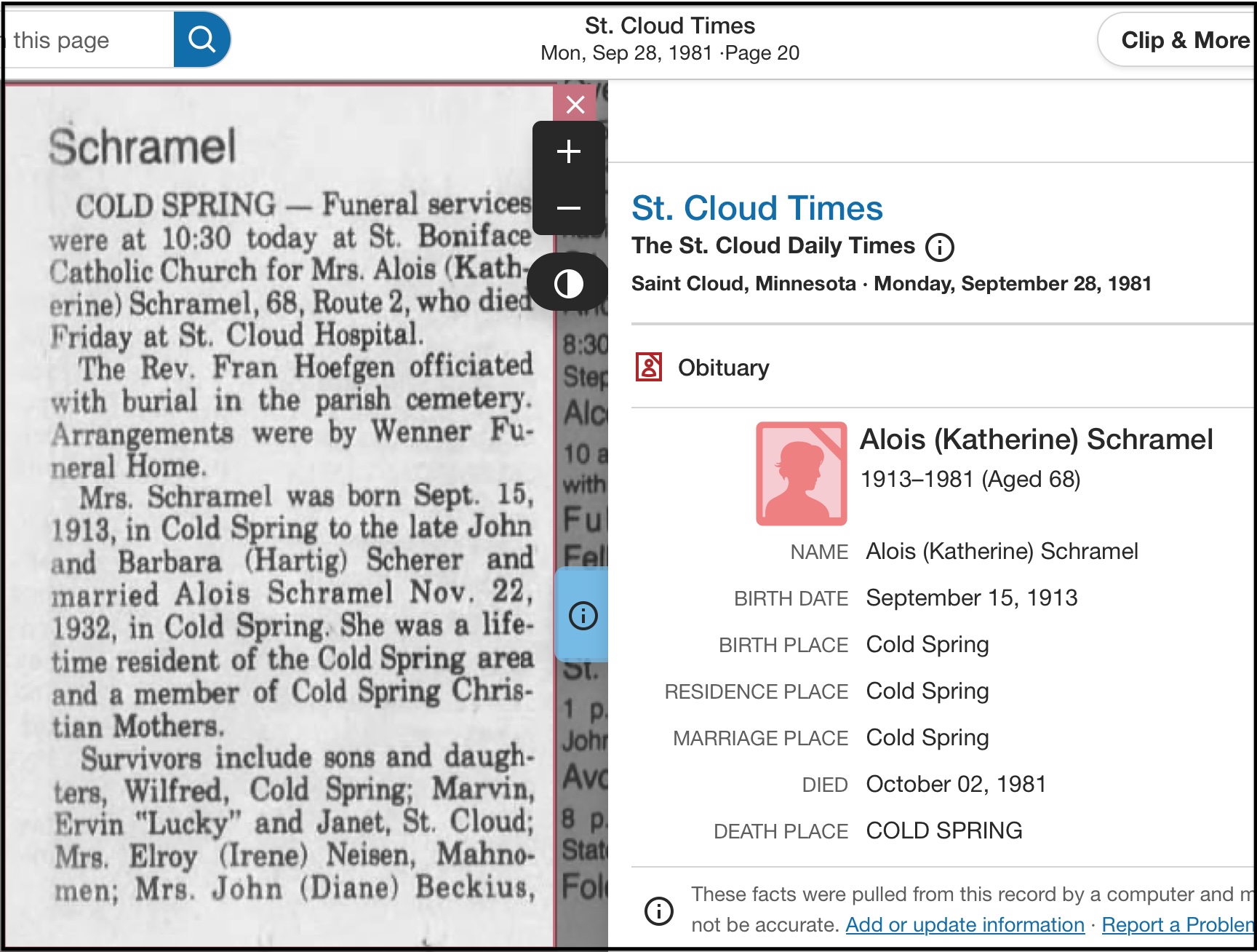 Obituary for Katherine Scherer Schramel