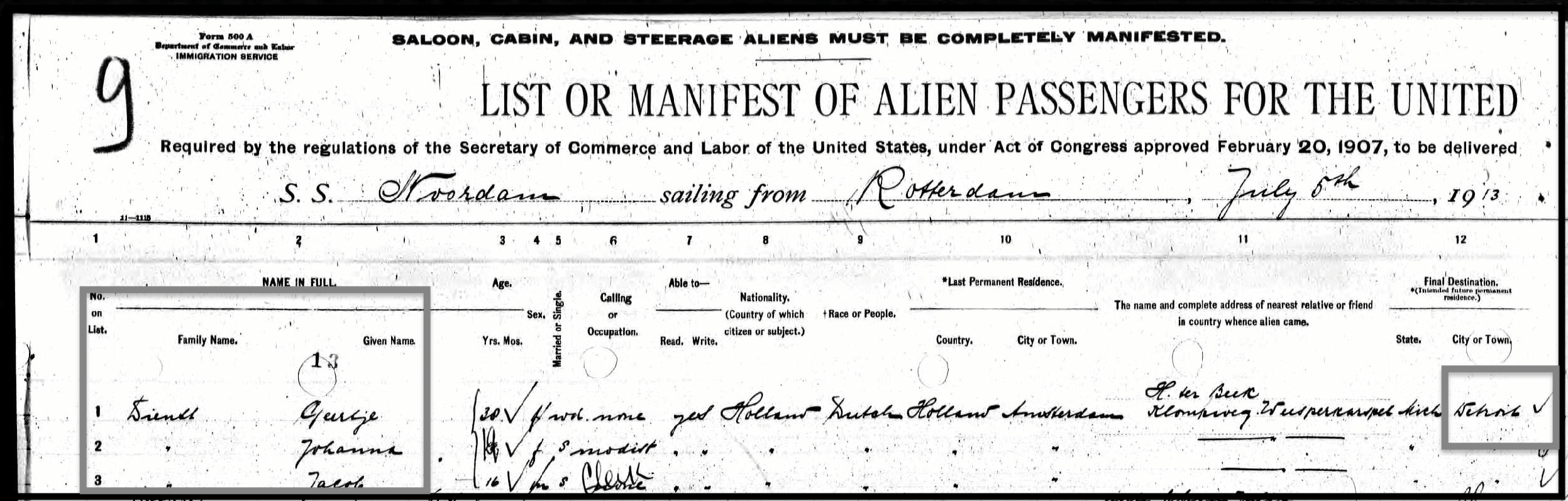 Gertrude ('Geertje'), Johanna, and Jacob Dienst listed on the SS Noordam ship's manifest, 1913