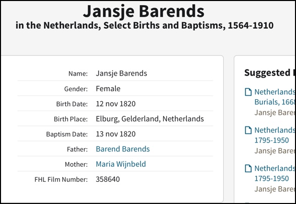 Jansje's birth record with 'Barends'
