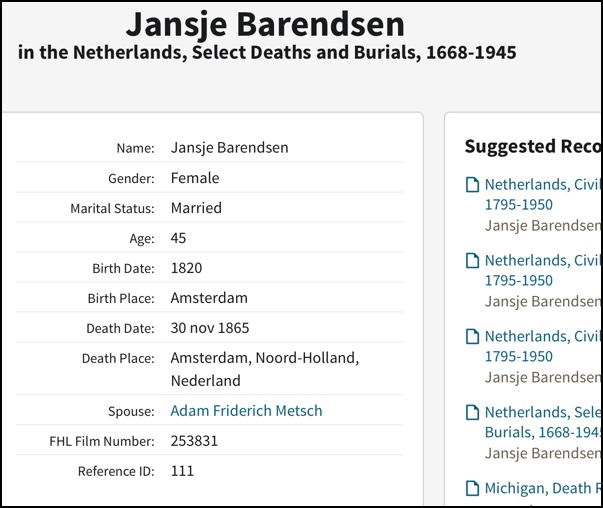 Jansje's death record