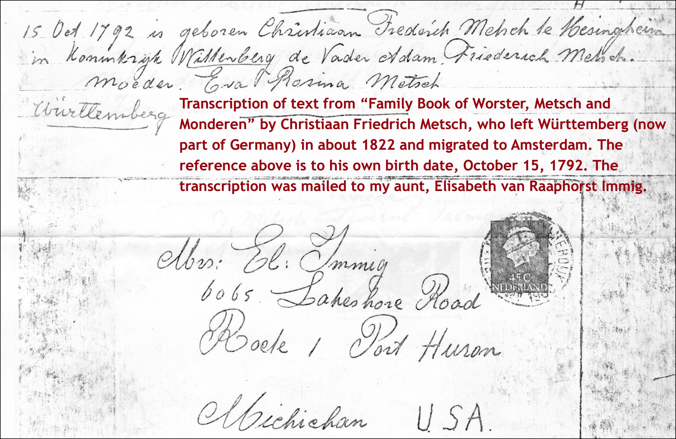 Page from family record book written by Elisabeth's grandfather, Christiaan Metsch