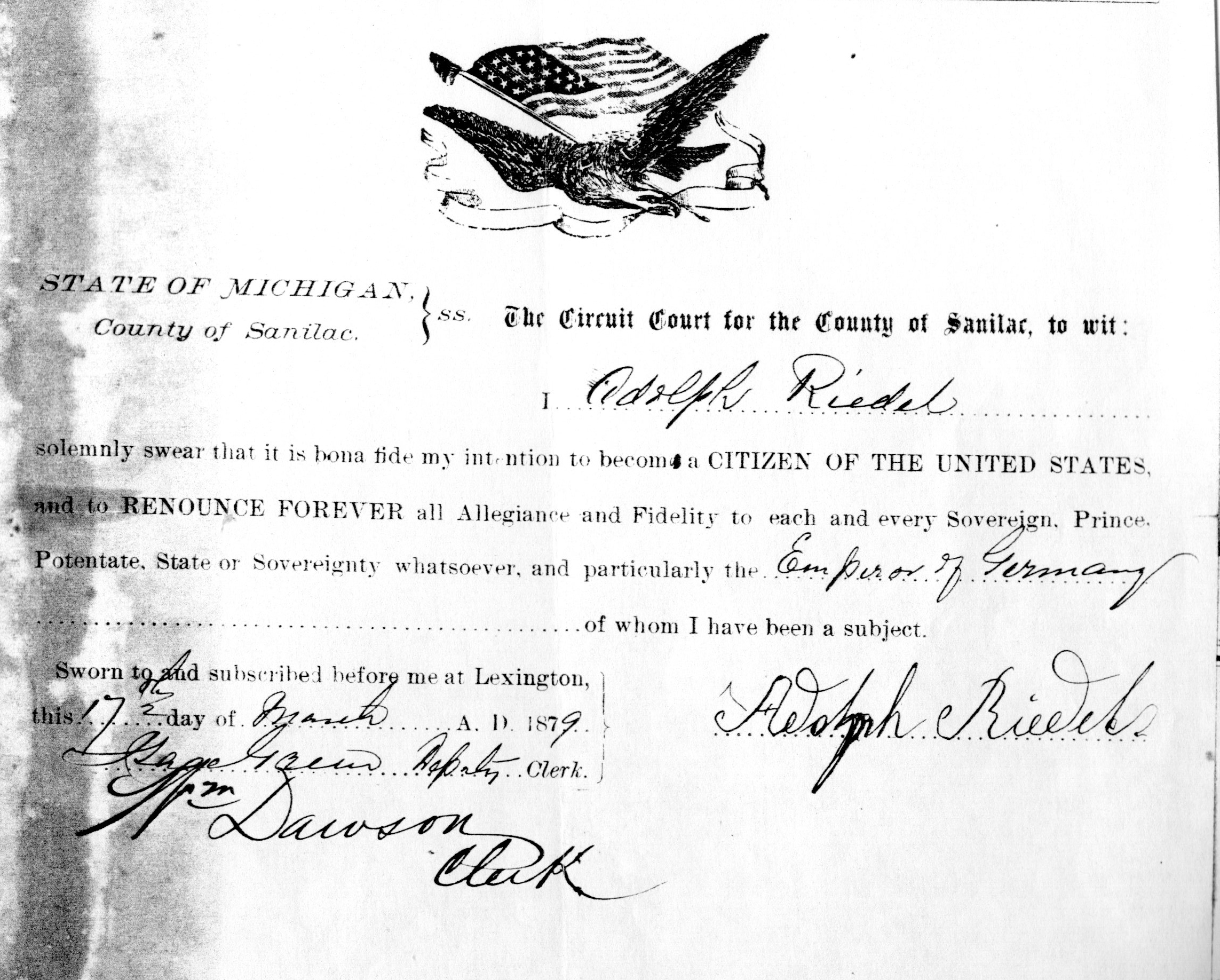 Heinrich Adolph Riedel application for U.S. citizenship