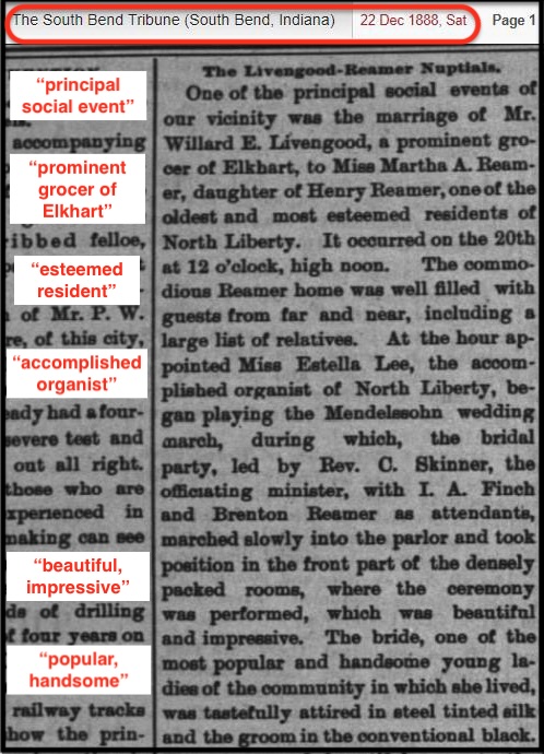 Willard Livengood and Martha Reamer marriage, 1888