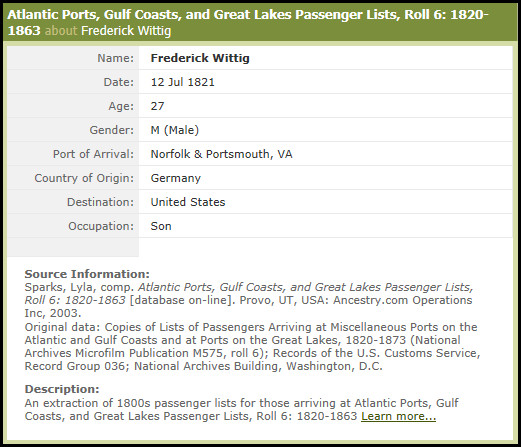 Frederick Wittig on an 1821 passenger list 